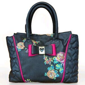 Betsey Johnson Blooming Bows Floral Satchel Black Pink Bow Heart Plaque Handbag